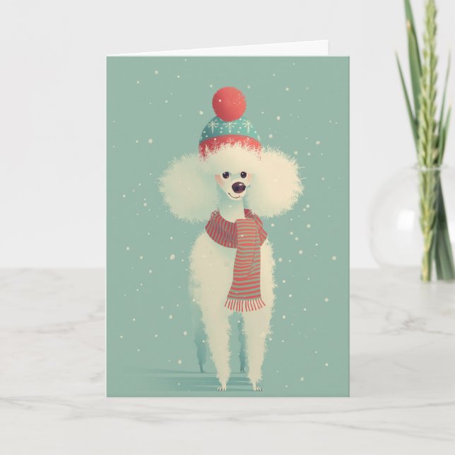 White Poodle Holiday Greeting Card (Front)
