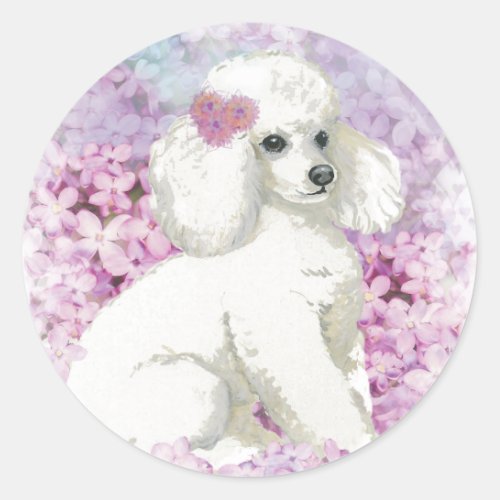 White Poodle in the Lilacs Art and Gifts Classic Round Sticker