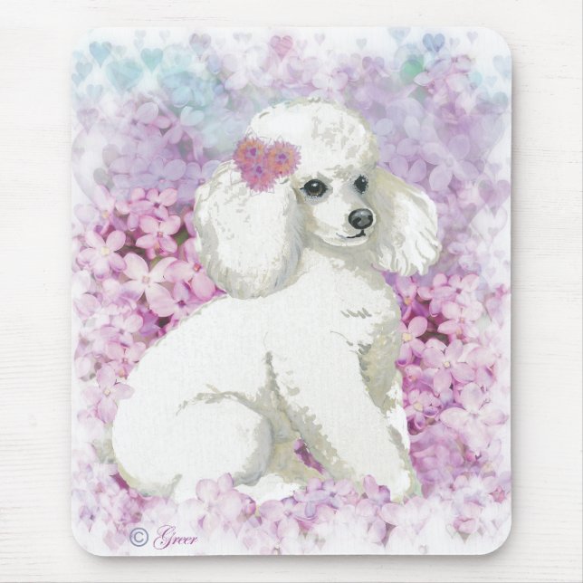 White Poodle in the Lilacs Art and Gifts Mouse Pad (Front)