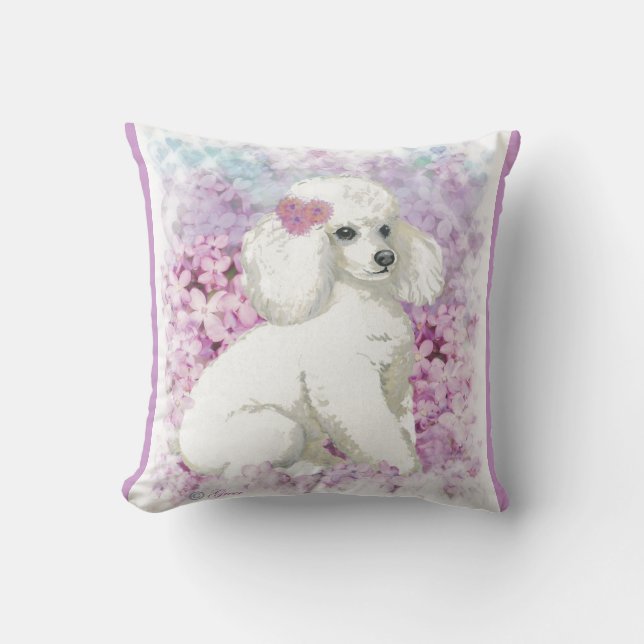 White Poodle & Lilacs Throw Pillow (Front)