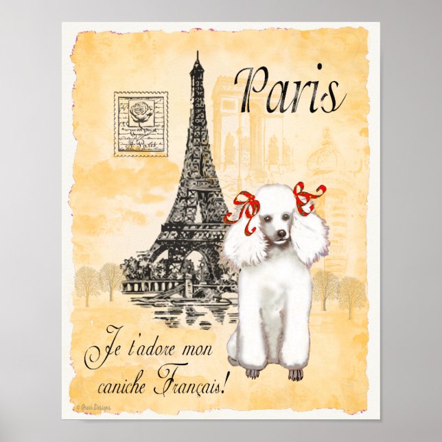 White Poodle Paris Eiffel Tower Vintage Print (Front)