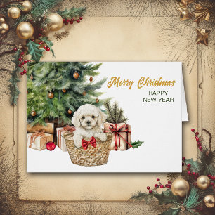 White Poodle Puppy Dog Wicker Basket Christmas Cards