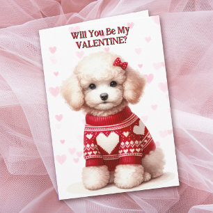 White Poodle Puppy in Sweater Valentine Holiday Card