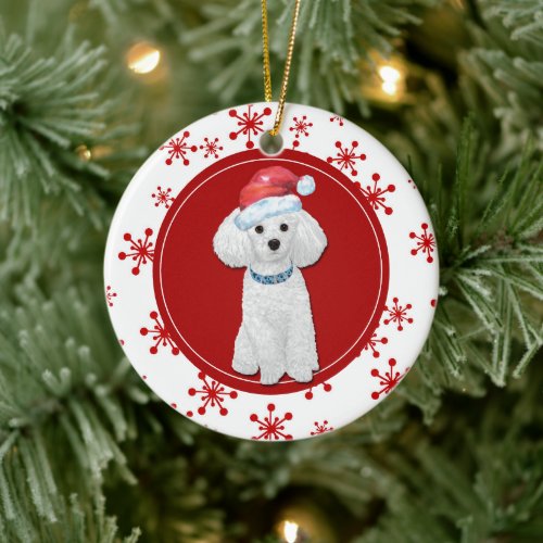 White Poodle Red Snowflake Border Ceramic Ornament