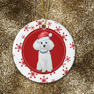 White Poodle Red Snowflake Border Ceramic Ornament