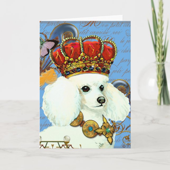 White Poodle Wearing Jeweled Crown Portrait Card (Front)