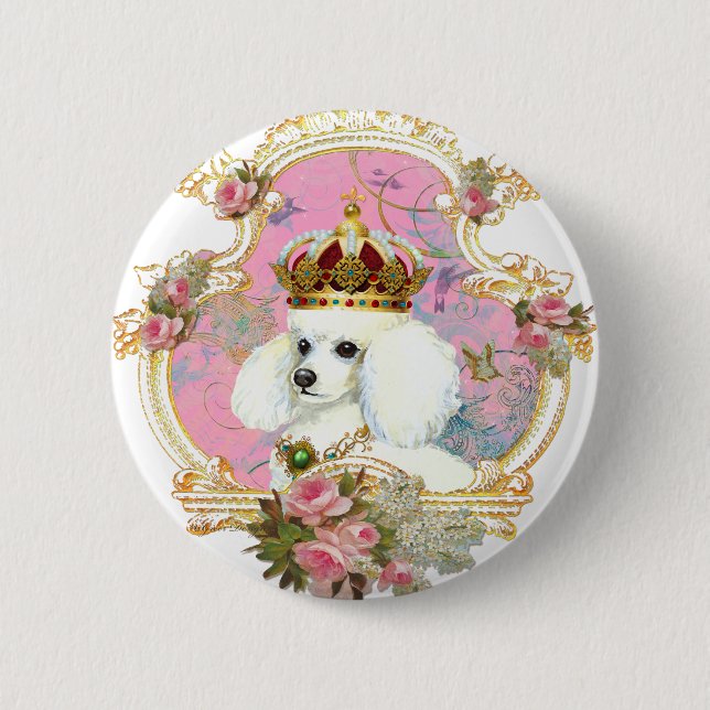 white poodle wi pink roses gold fr fini clr bkgrnd button (Front)