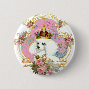 white poodle wi pink roses gold fr fini clr bkgrnd button