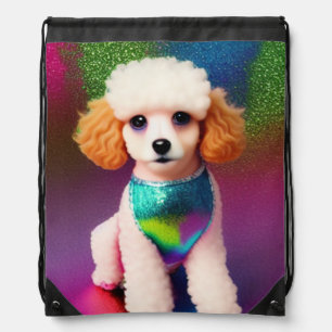 White Poodle with Cream Ears on Rainbow Sparkle Drawstring Bag