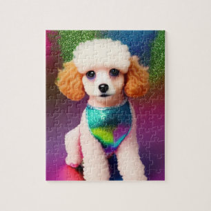 White Poodle with Cream Ears on Rainbow Sparkle Jigsaw Puzzle