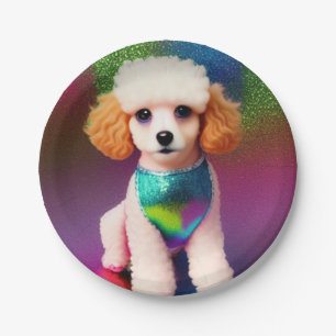 White Poodle with Cream Ears on Rainbow Sparkle   Paper Plates