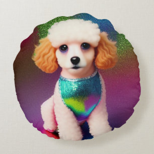 White Poodle with Cream Ears on Rainbow Sparkle   Round Pillow