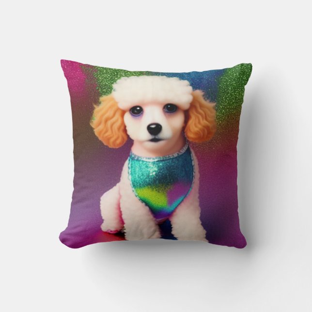 White Poodle with Cream Ears on Rainbow Sparkle Throw Pillow (Front)