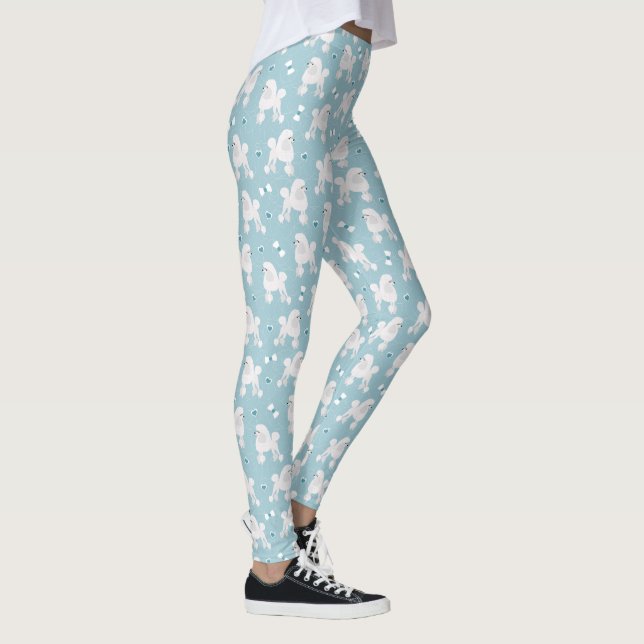 White Poodles and Bows Pattern Blue Leggings (Right)