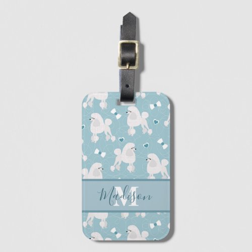 White Poodles and Bows Pattern Blue Name Monogram Luggage Tag