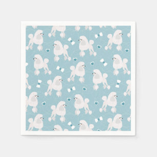 White Poodles and Bows Pattern Blue Napkins