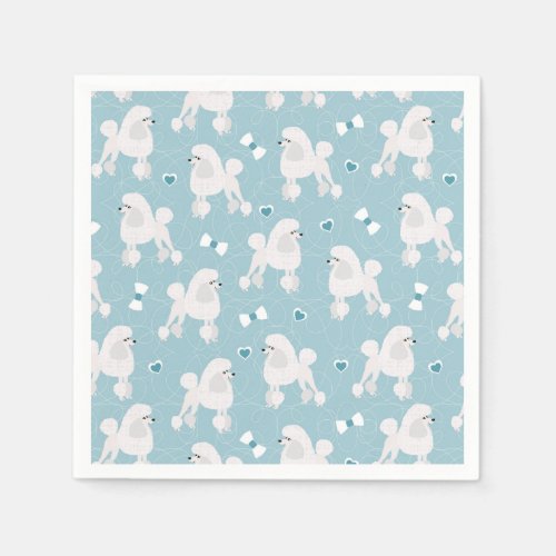 White Poodles and Bows Pattern Blue Napkins