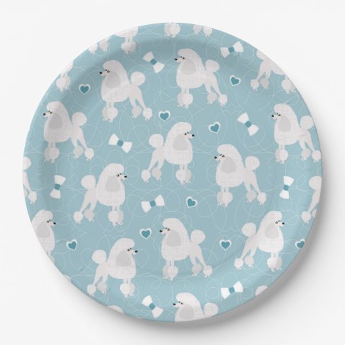 White Poodles and Bows Pattern Blue Paper Plates