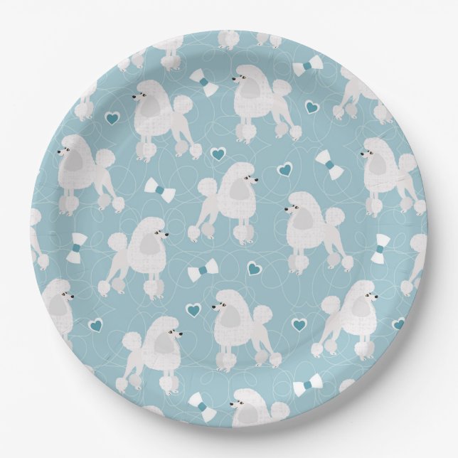 White Poodles and Bows Pattern Blue Paper Plates (Front)