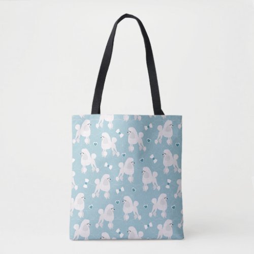 White Poodles and Bows Pattern Blue Tote Bag