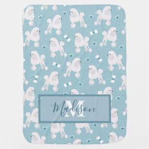 White Poodles and Bows Pattern Name and Monogram Baby Blanket