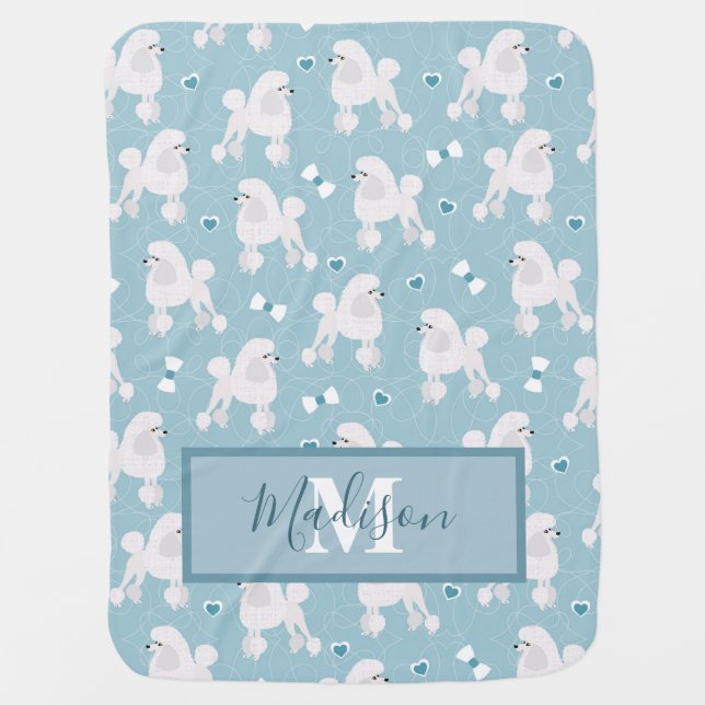 White Poodles and Bows Pattern Name and Monogram Baby Blanket (Front)