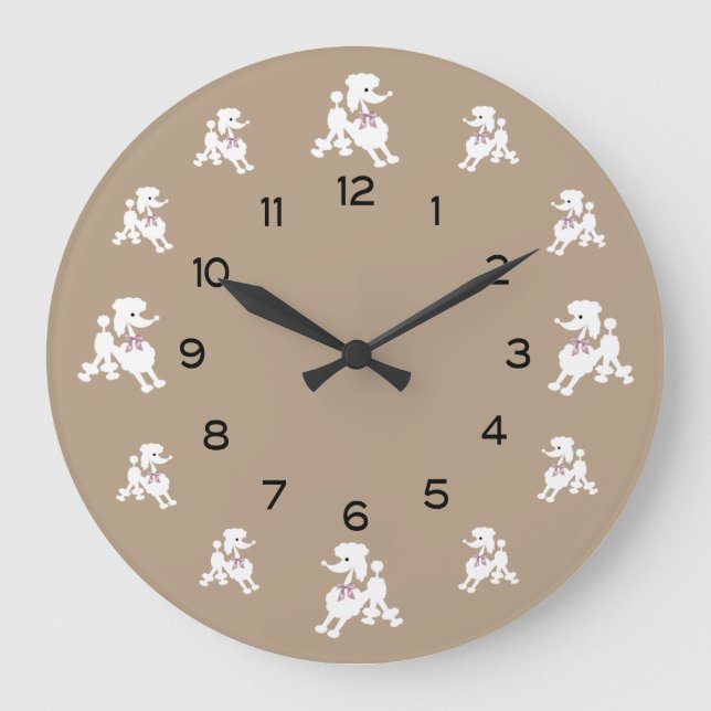 White Poodles with Pink Ribbons Large Clock (Front)