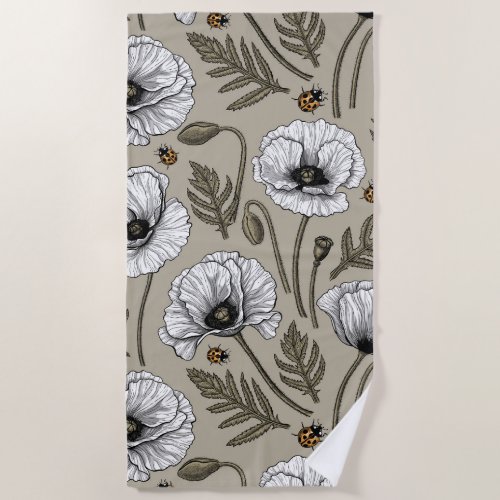 White poppies and ladybugs beach towel