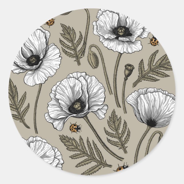 White poppies and ladybugs classic round sticker (Front)