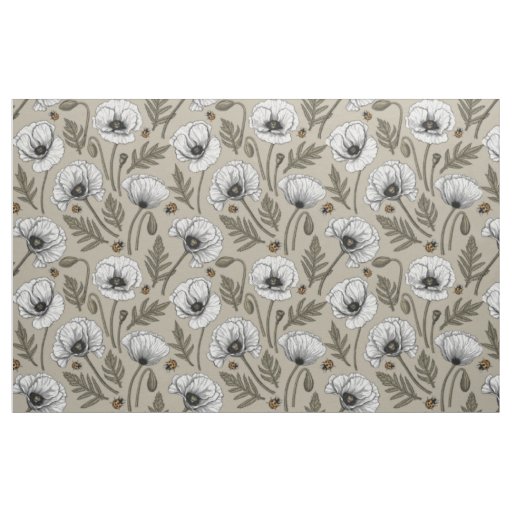 White poppies and ladybugs fabric