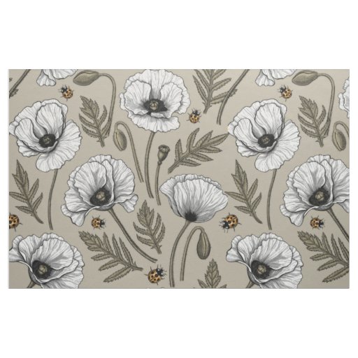 White poppies and ladybugs fabric