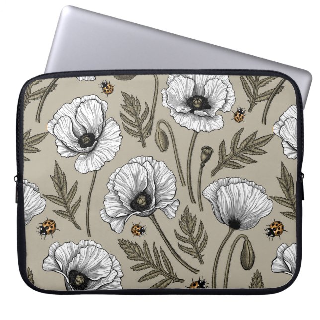 White poppies and ladybugs laptop sleeve (Front)
