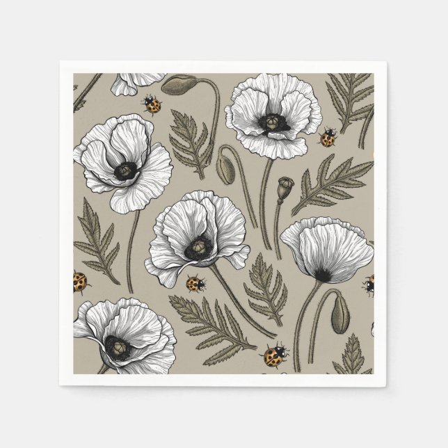 White poppies and ladybugs napkins (Front)