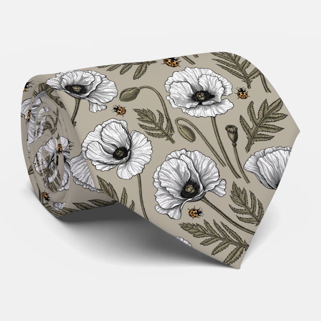 White poppies and ladybugs neck tie (Rolled)