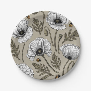White poppies and ladybugs paper plates