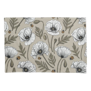White poppies and ladybugs pillow case