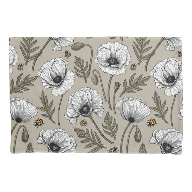White poppies and ladybugs pillow case (Front-Left)