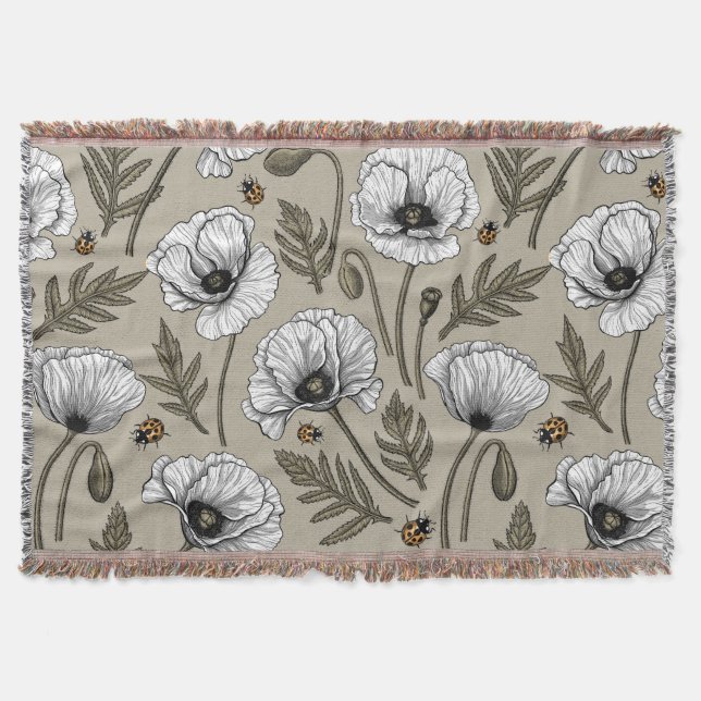White poppies and ladybugs throw blanket (Front)