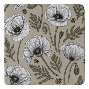 White poppies and ladybugs trivet