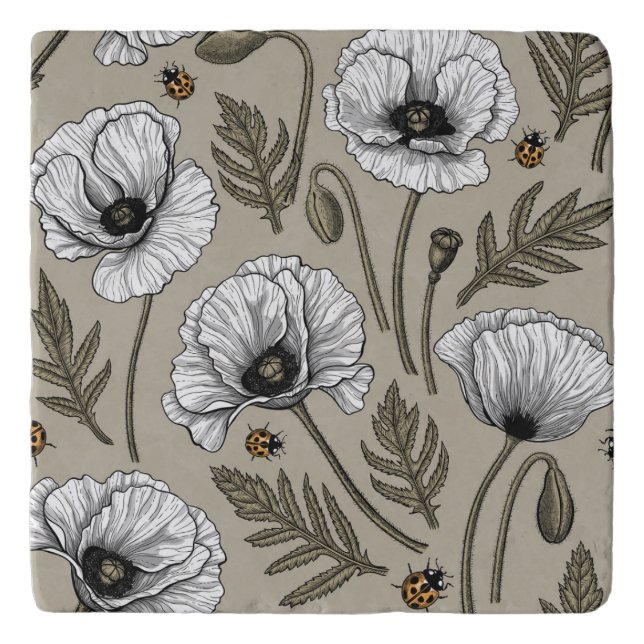 White poppies and ladybugs trivet (Front)