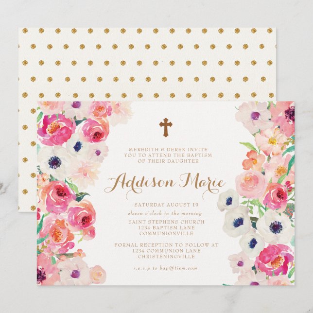 White Poppies and Pink Roses Baptism Invitation (Front/Back)
