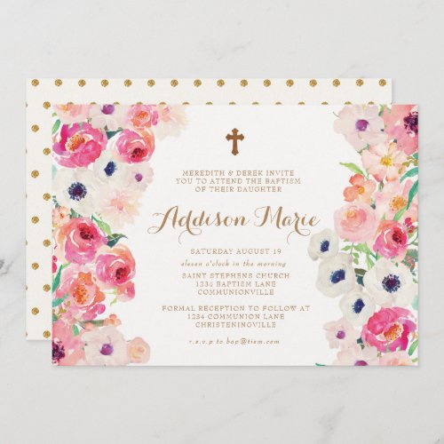 White Poppies and Pink Roses Baptism Invitation