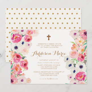 White Poppies and Pink Roses Baptism Invitation