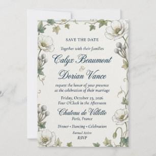 White Poppies, Brunia Silver Balls, Ivy Leaves, Bo Invitation