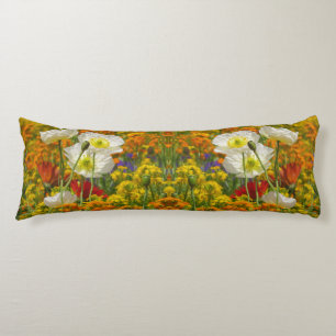 White poppies growing around the colorful flowers body pillow