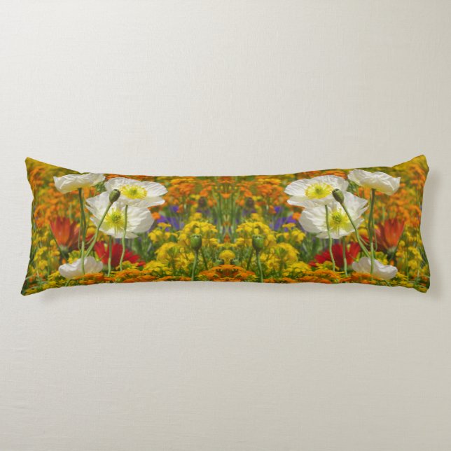White poppies growing around the colorful flowers  body pillow (Front)