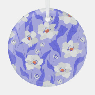 White Poppies: Hand-Drawn Purple Seamless Glass Ornament