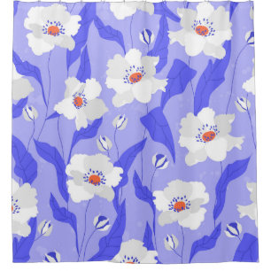 White Poppies: Hand-Drawn Purple Seamless Shower Curtain