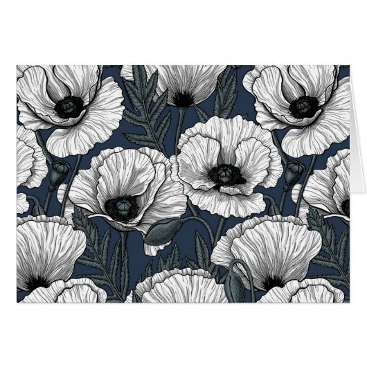 White poppies on navy (Front Horizontal)