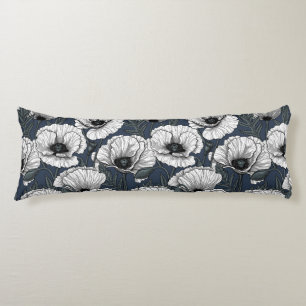 White poppies on navy body pillow